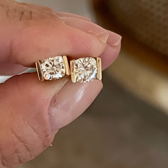 Fine Custom Made Cushion Cut Moissanite Earrings Solid 14K Yellow Gold - Picture 10 of 12